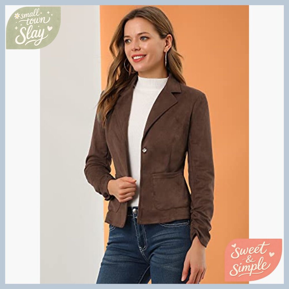 Faux Suede Blazer with Ruched Sleeves, Lapel Collar, Office Work Jacket - Picture 2 of 6